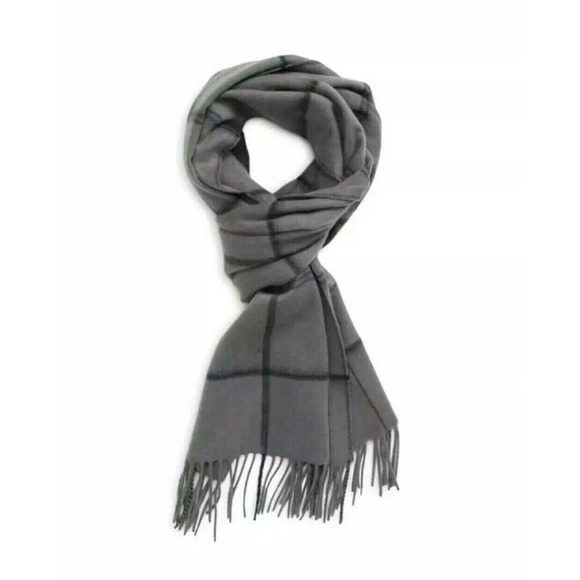 Nordstrom 100% Cashmere Fringe Scarf in Grey Plaid NWT - Picture 1 of 8